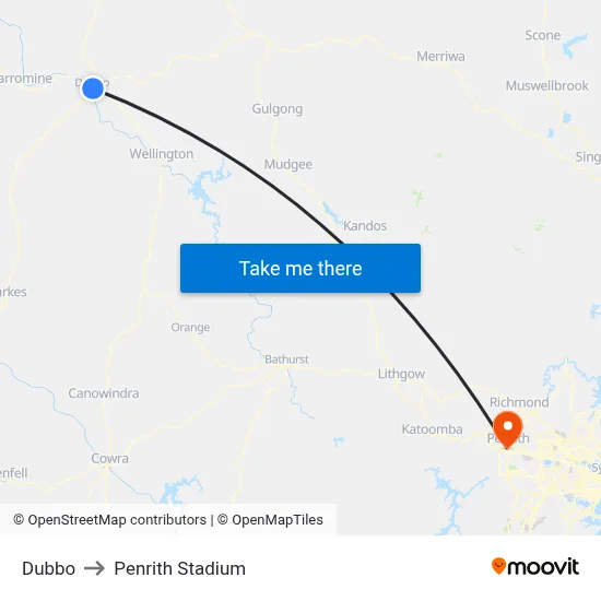 Dubbo to Penrith Stadium map