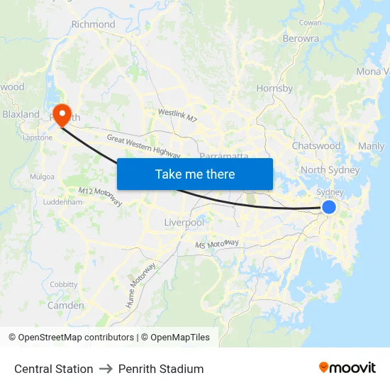 Central Station to Penrith Stadium map