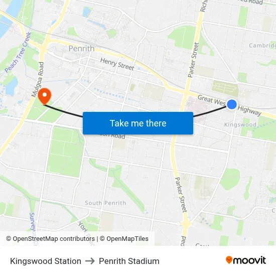 Kingswood Station to Penrith Stadium map