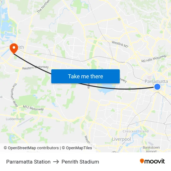 Parramatta Station to Penrith Stadium map