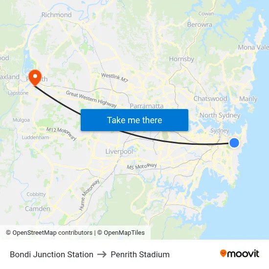 Bondi Junction Station to Penrith Stadium map