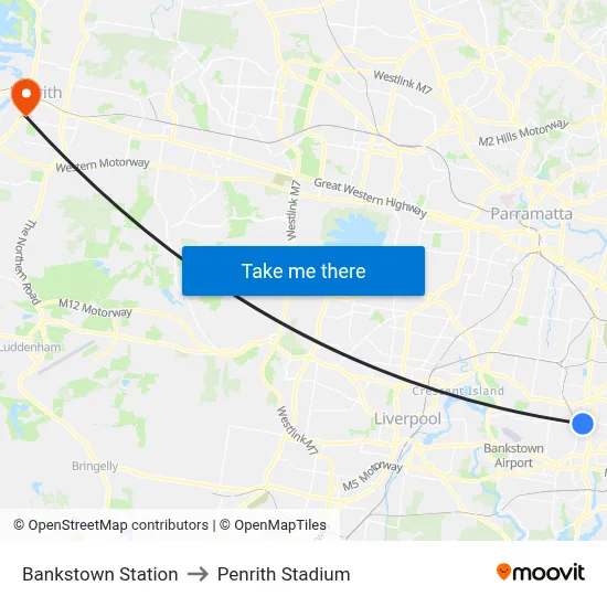 Bankstown Station to Penrith Stadium map