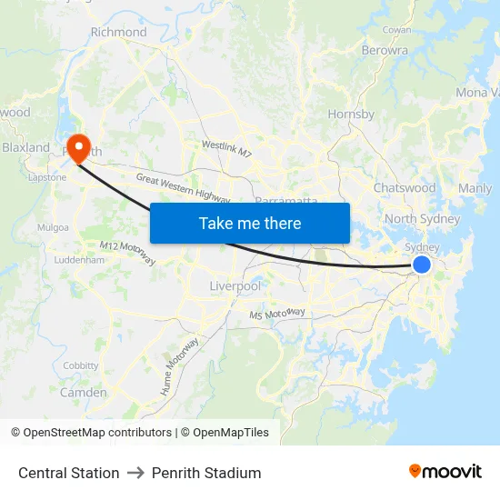 Central Station to Penrith Stadium map