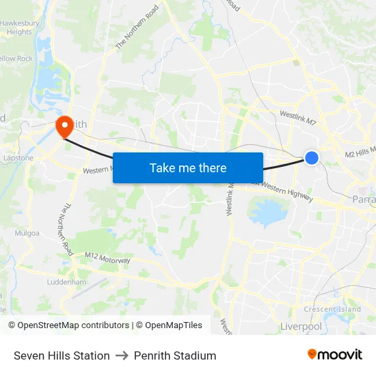 Seven Hills Station to Penrith Stadium map
