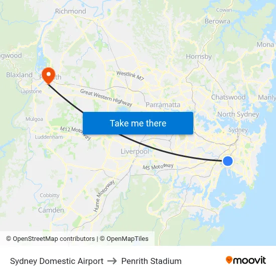 Sydney Domestic Airport to Penrith Stadium map