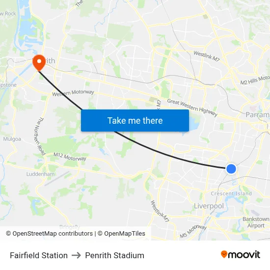 Fairfield Station to Penrith Stadium map