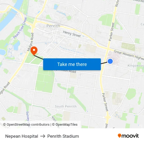 Nepean Hospital to Penrith Stadium map