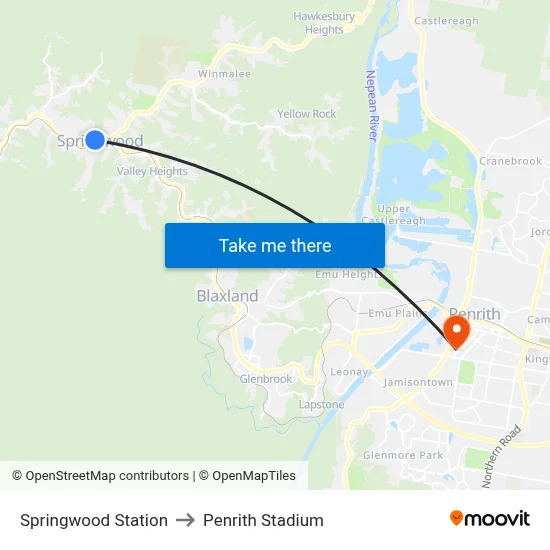 Springwood Station to Penrith Stadium map