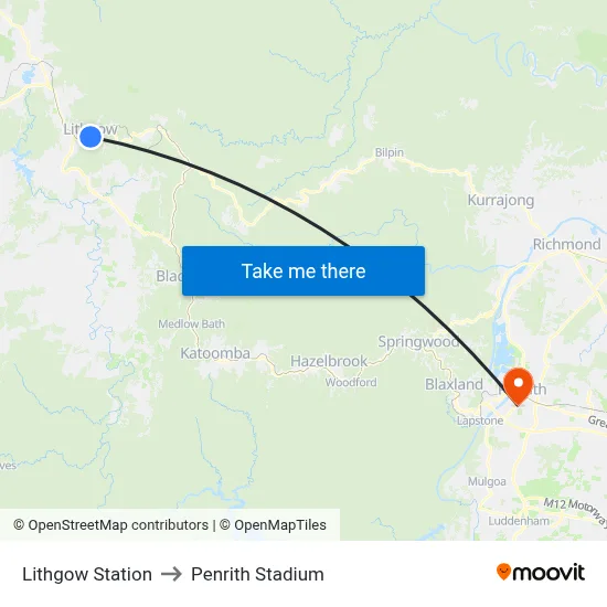 Lithgow Station to Penrith Stadium map