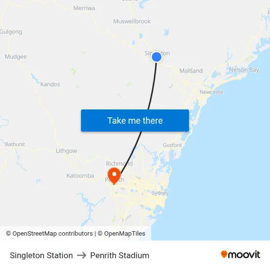 Singleton Station to Penrith Stadium map