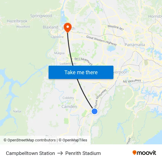 Campbelltown Station to Penrith Stadium map