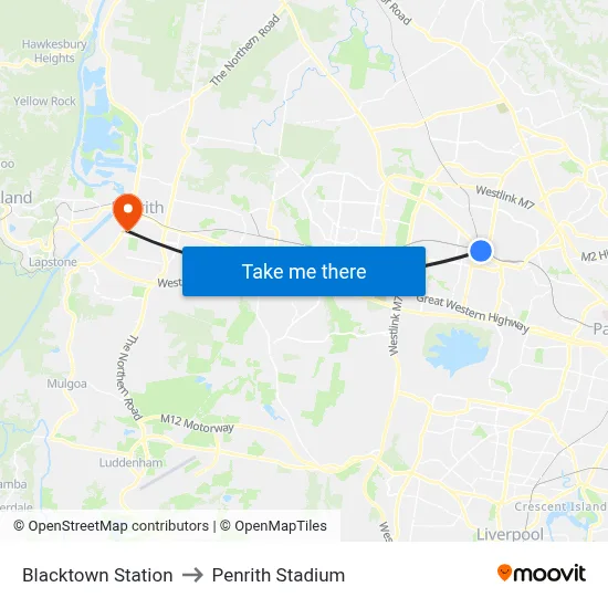 Blacktown Station to Penrith Stadium map