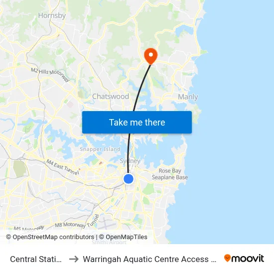 Central Station to Warringah Aquatic Centre Access Rd map