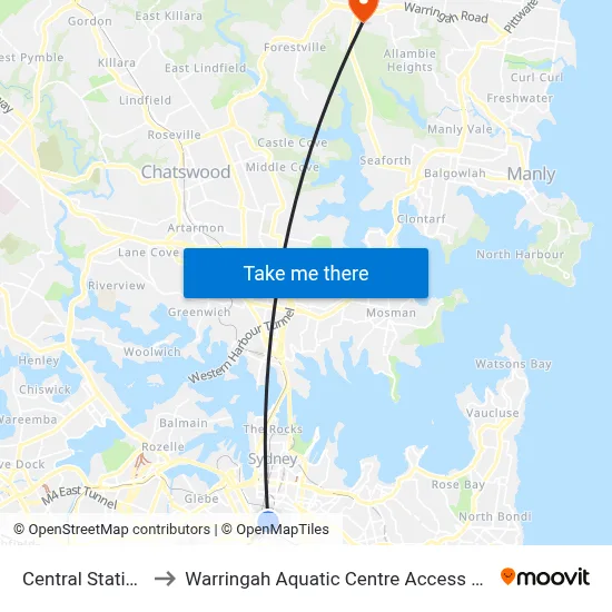 Central Station to Warringah Aquatic Centre Access Rd map