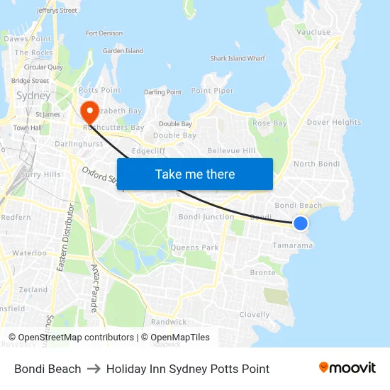 Bondi Beach to Holiday Inn Sydney Potts Point map