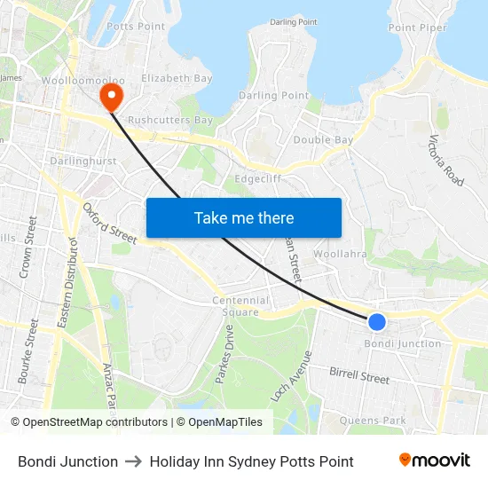 Bondi Junction to Holiday Inn Sydney Potts Point map