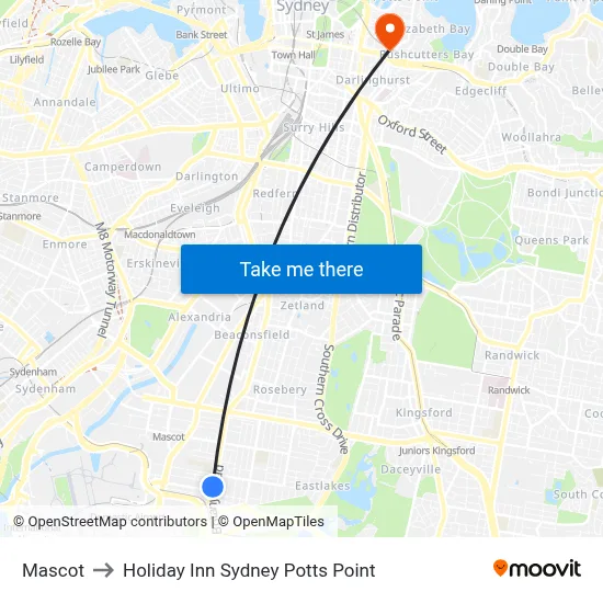 Mascot to Holiday Inn Sydney Potts Point map