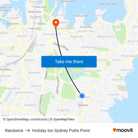 Randwick to Holiday Inn Sydney Potts Point map
