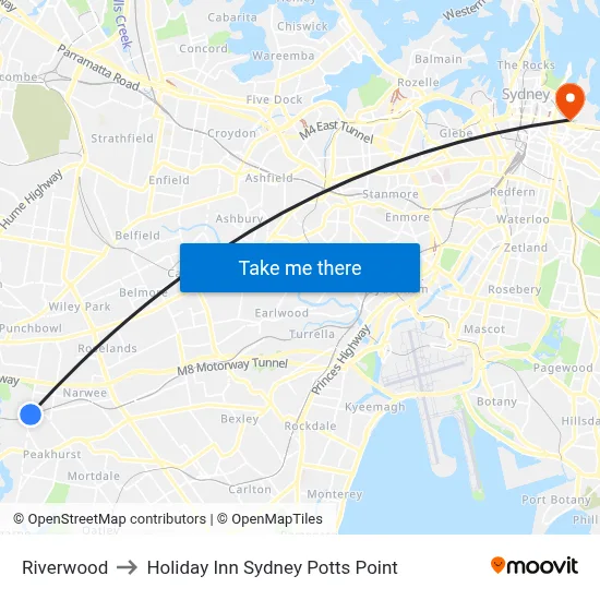 Riverwood to Holiday Inn Sydney Potts Point map