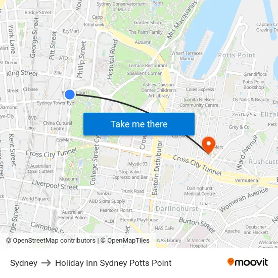 Sydney to Holiday Inn Sydney Potts Point map