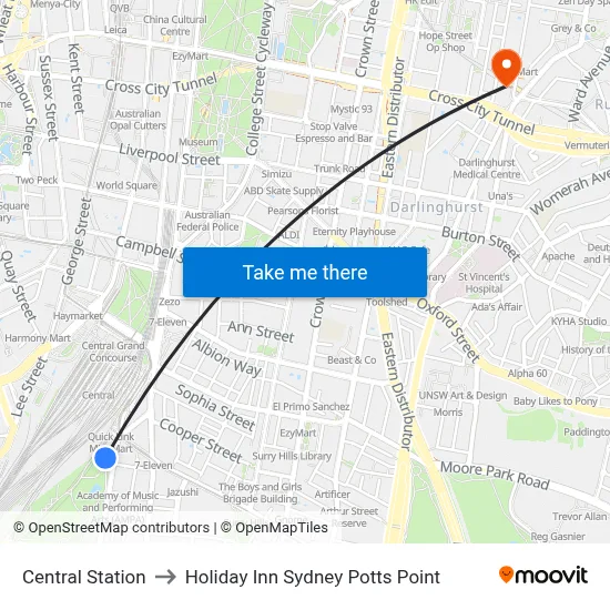 Central Station to Holiday Inn Sydney Potts Point map