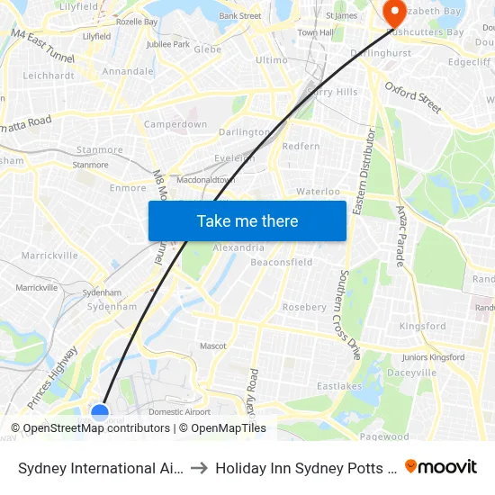 Sydney International Airport to Holiday Inn Sydney Potts Point map