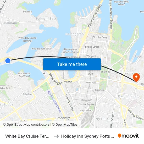 White Bay Cruise Terminal to Holiday Inn Sydney Potts Point map