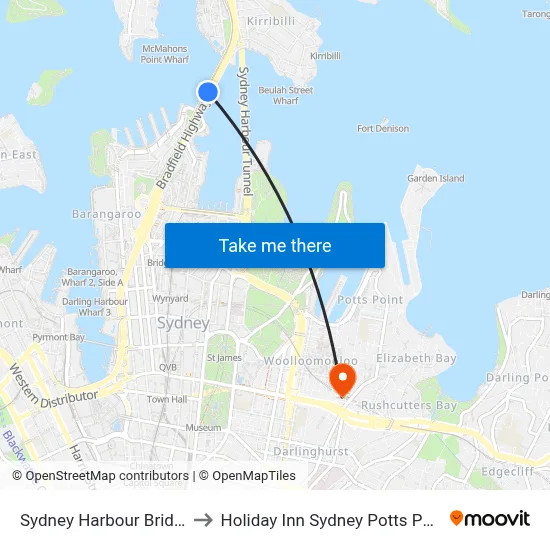 Sydney Harbour Bridge to Holiday Inn Sydney Potts Point map