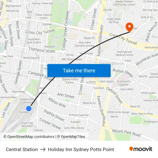 Central Station to Holiday Inn Sydney Potts Point map
