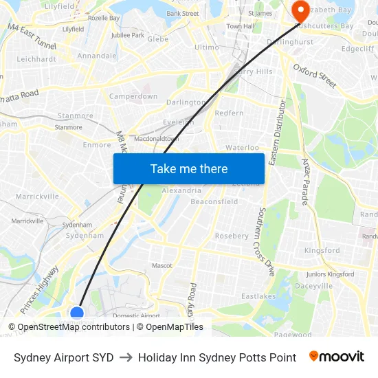 Sydney Airport SYD to Holiday Inn Sydney Potts Point map