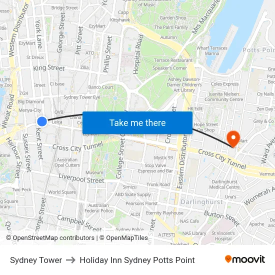 Sydney Tower to Holiday Inn Sydney Potts Point map