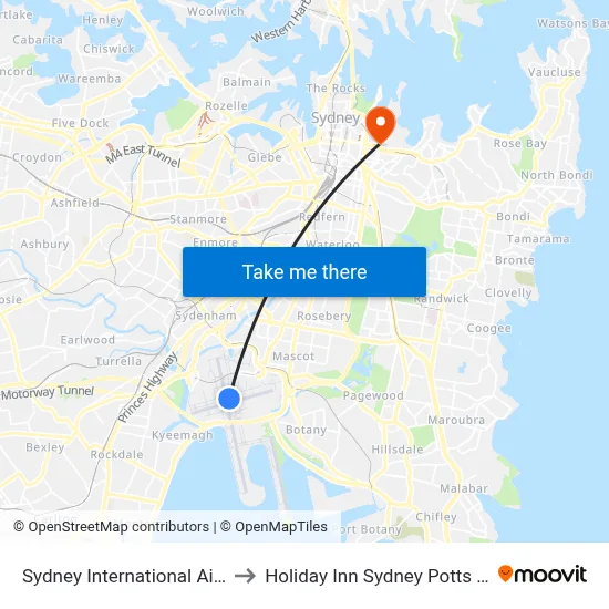 Sydney International Airport to Holiday Inn Sydney Potts Point map