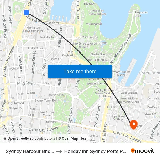 Sydney Harbour Bridge to Holiday Inn Sydney Potts Point map