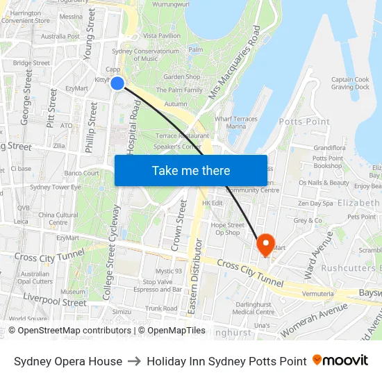 Sydney Opera House to Holiday Inn Sydney Potts Point map