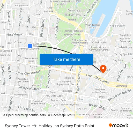 Sydney Tower to Holiday Inn Sydney Potts Point map