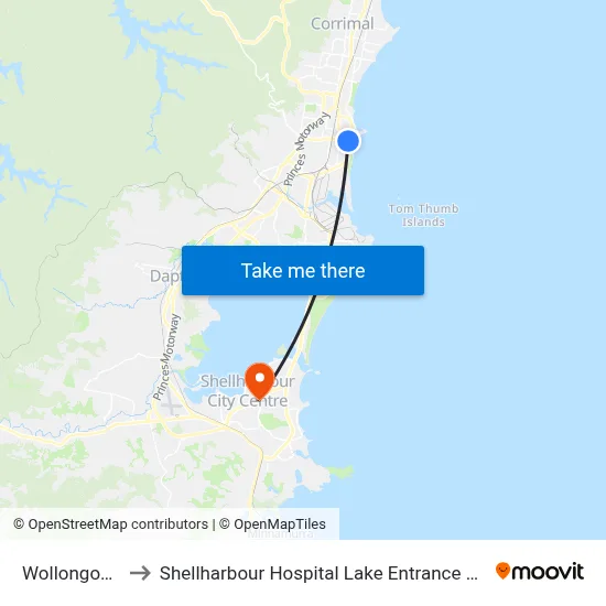 Wollongong to Shellharbour Hospital Lake Entrance Rd map