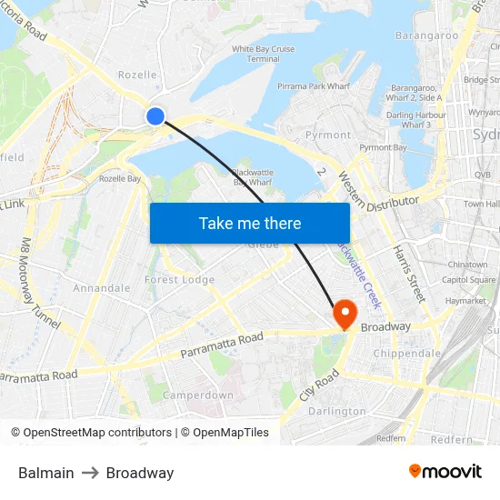 Balmain to Broadway map