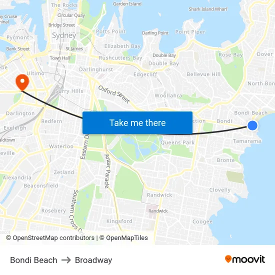 Bondi Beach to Broadway map