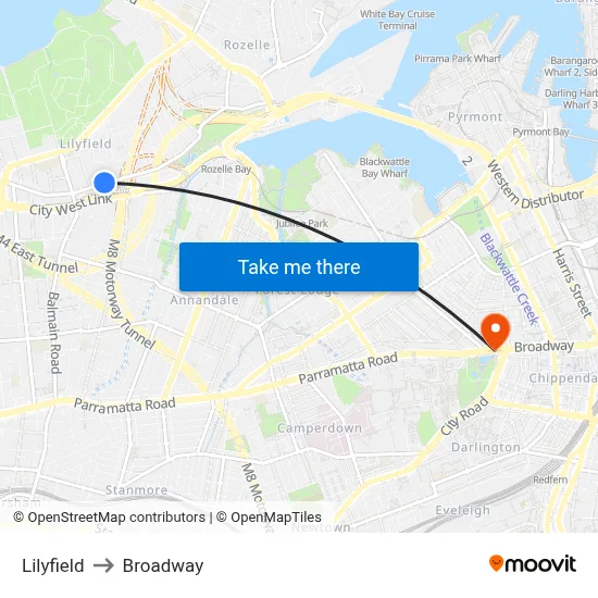 Lilyfield to Broadway map