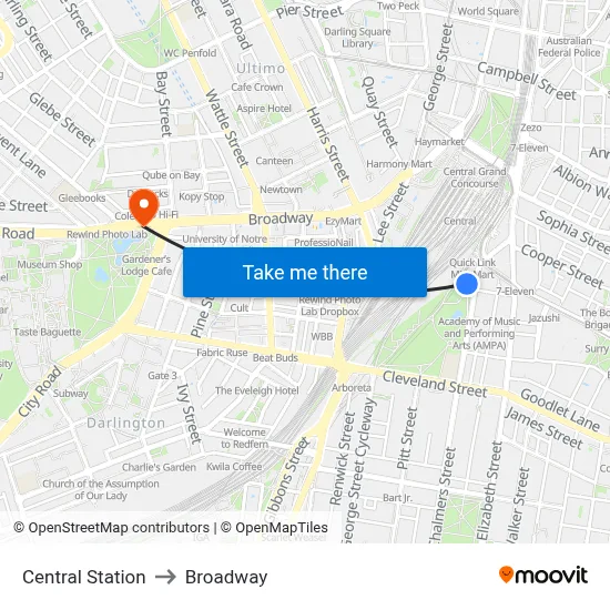 Central Station to Broadway map