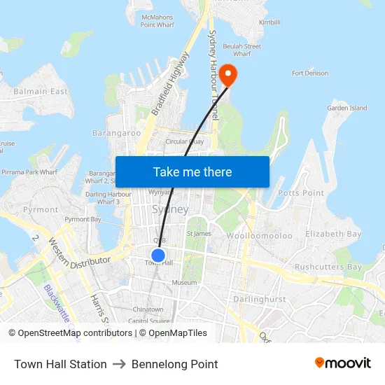 Town Hall Station to Bennelong Point map