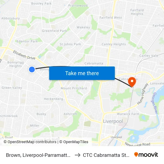 Brown, Liverpool-Parramatta Twy to CTC Cabramatta Station map