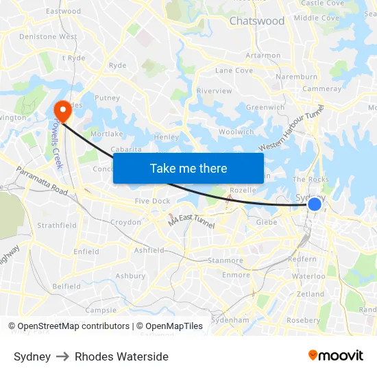 Sydney to Rhodes Waterside map