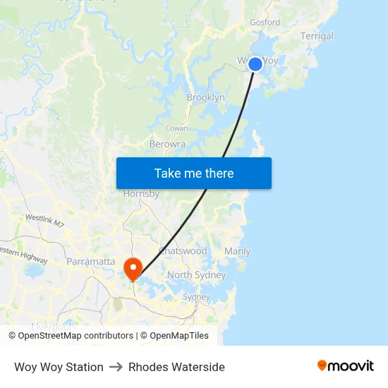 Woy Woy Station to Rhodes Waterside map
