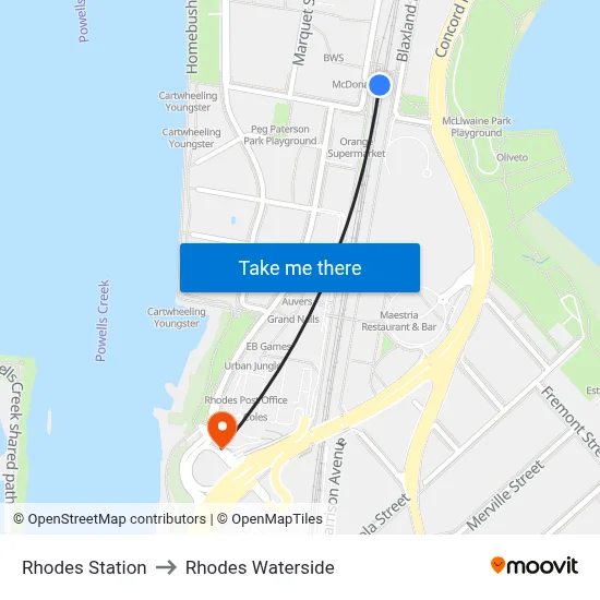 Rhodes Station to Rhodes Waterside map