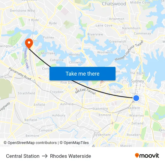 Central Station to Rhodes Waterside map