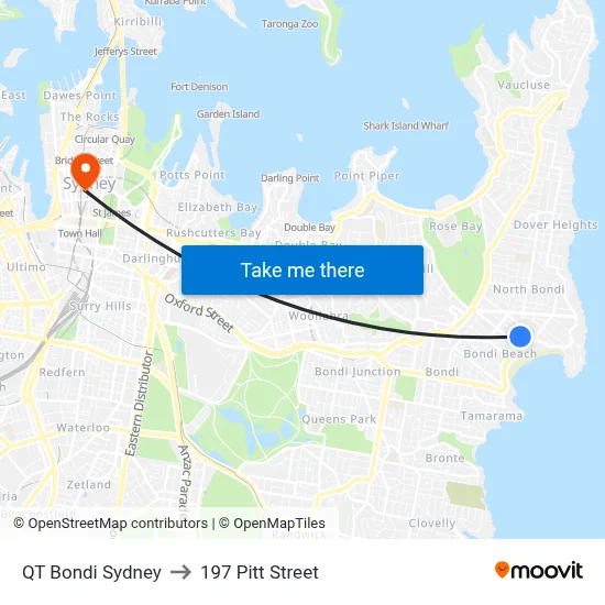 QT Bondi Sydney to 197 Pitt Street map