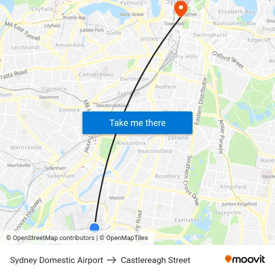 Sydney Domestic Airport to Castlereagh Street map