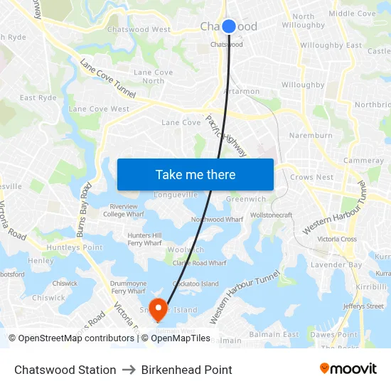 Chatswood Station to Birkenhead Point map