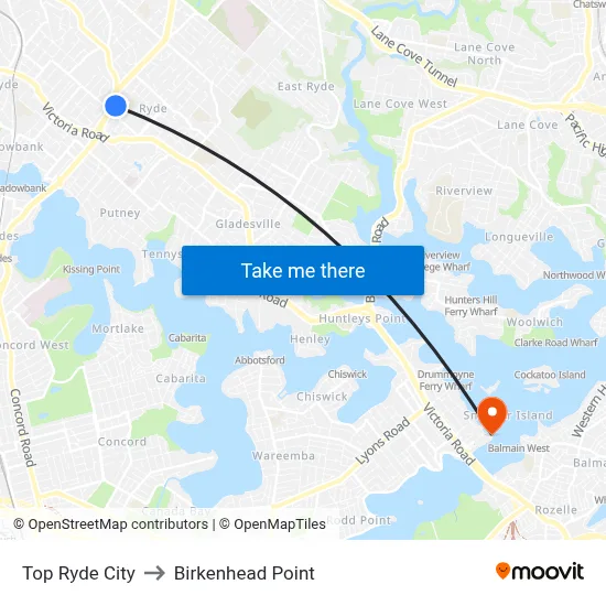 Top Ryde City to Birkenhead Point map